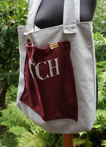 Torebka handmade z weluru siena z podszewką z grafitowej zasłony i kieszenią z bordowej bluzy abercrombie & fitch.